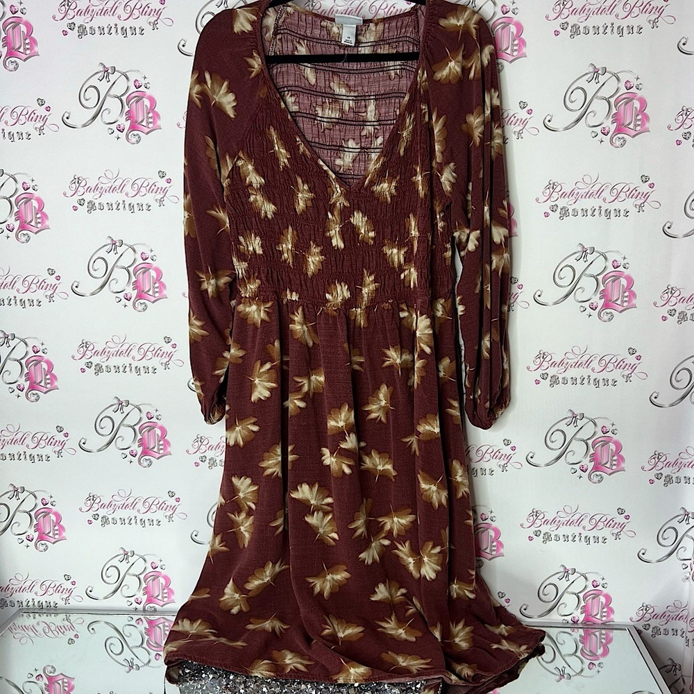 Ava & Viv Red Long Sleeve Sundress with V-Neck stretch smocked floral flowers
